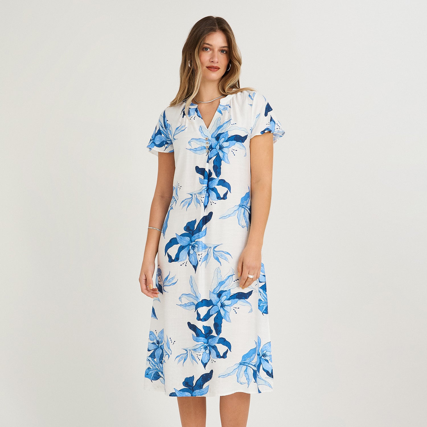 Vestido Midi Estampado Escote Mao Estampado Manga Vuelo Azul